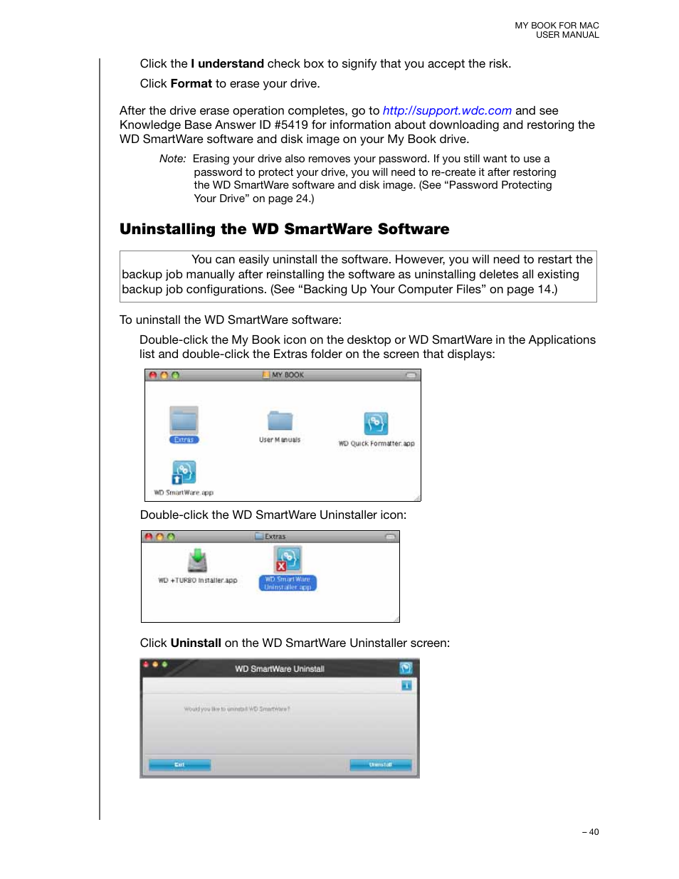 Uninstalling the wd smartware software | Western Digital My Book for Mac User Manual User Manual | Page 45 / 78