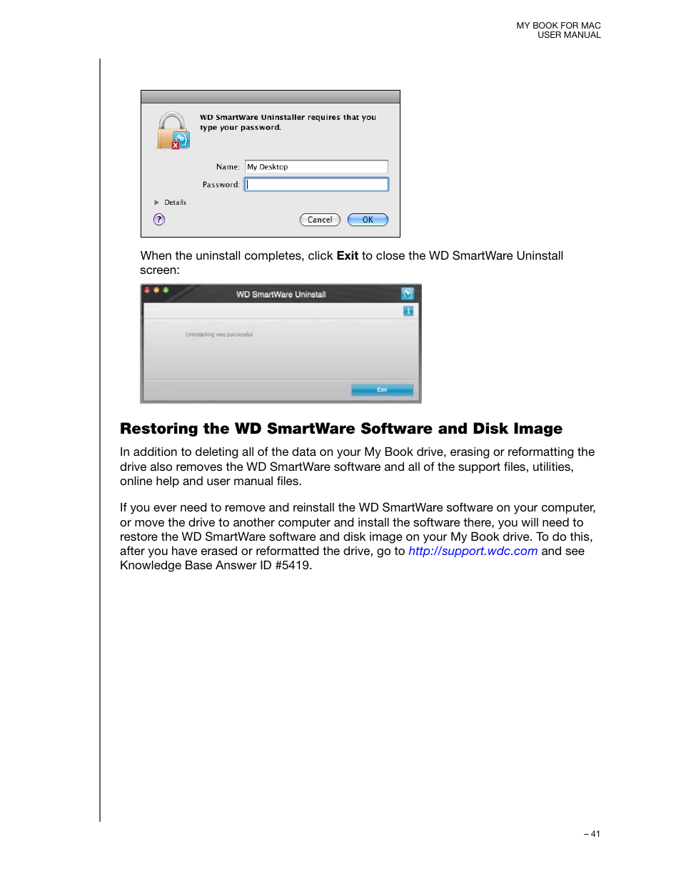 Restoring the wd smartware software and disk image | Western Digital My Book for Mac User Manual User Manual | Page 46 / 78