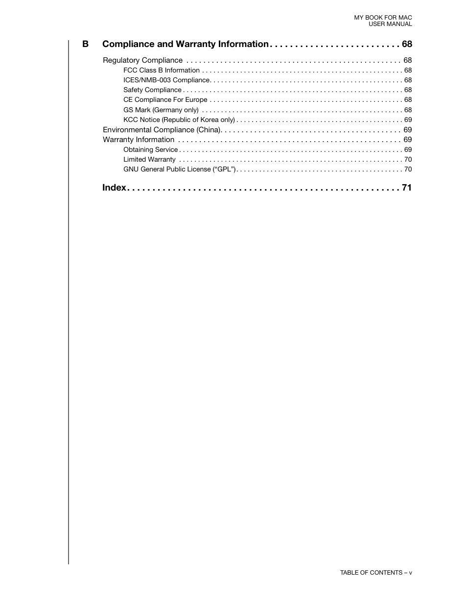 Bcompliance and warranty information, Index | Western Digital My Book for Mac User Manual User Manual | Page 5 / 78