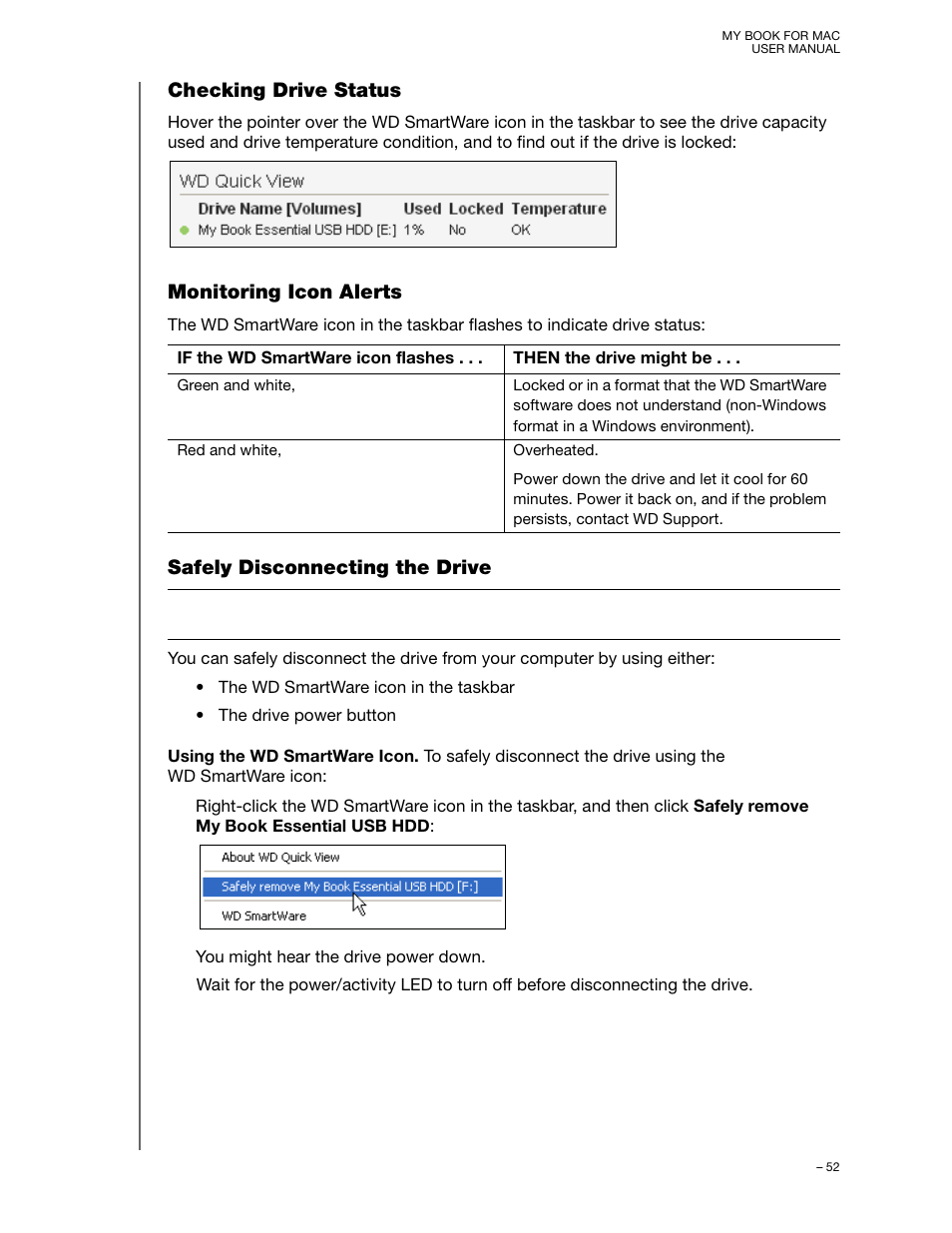 Checking drive status, Monitoring icon alerts, Safely disconnecting the drive | Western Digital My Book for Mac User Manual User Manual | Page 57 / 78