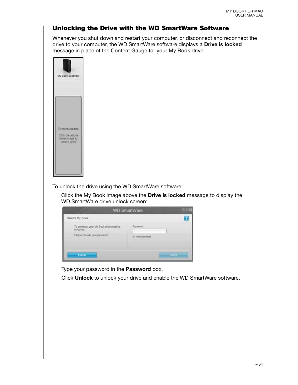 Unlocking the drive with the wd smartware software | Western Digital My Book for Mac User Manual User Manual | Page 59 / 78