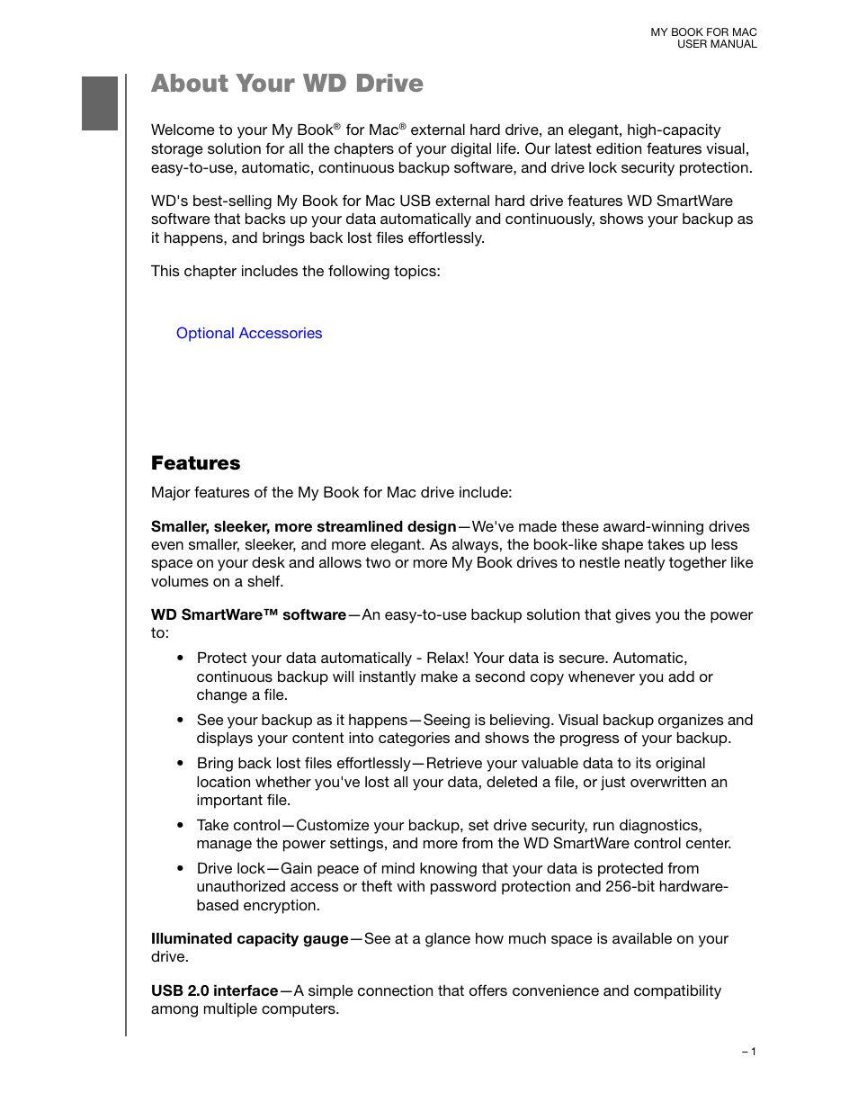 About your wd drive, Features | Western Digital My Book for Mac User Manual User Manual | Page 6 / 78