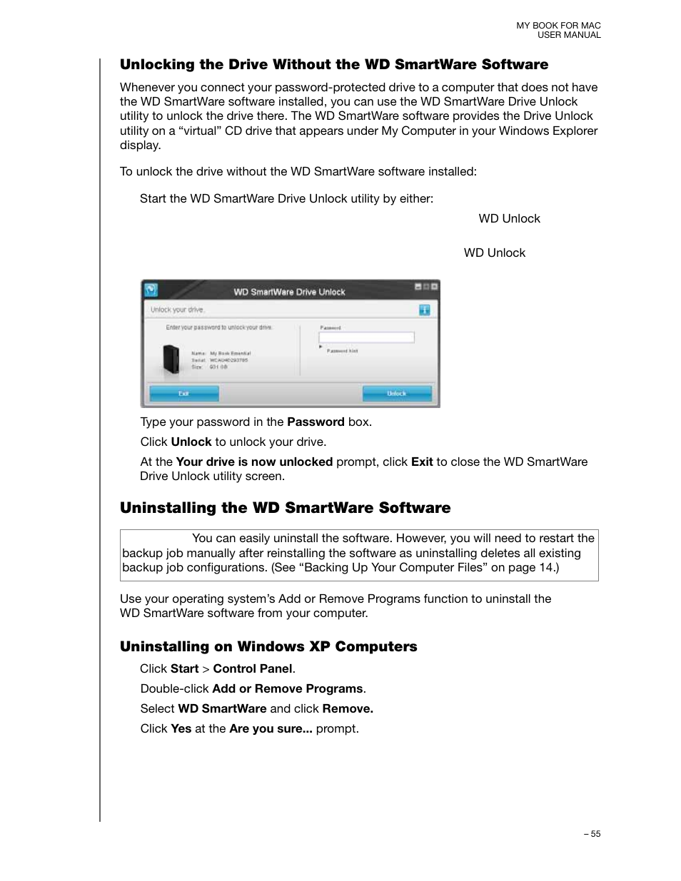 Uninstalling the wd smartware software, Uninstalling on windows xp computers, Unlocking the drive without the w | Western Digital My Book for Mac User Manual User Manual | Page 60 / 78