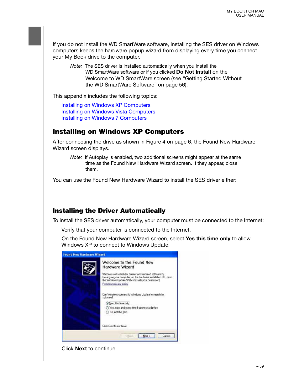 Installing the ses driver, Installing on windows xp computers, Installing the driver automatically | Western Digital My Book for Mac User Manual User Manual | Page 64 / 78