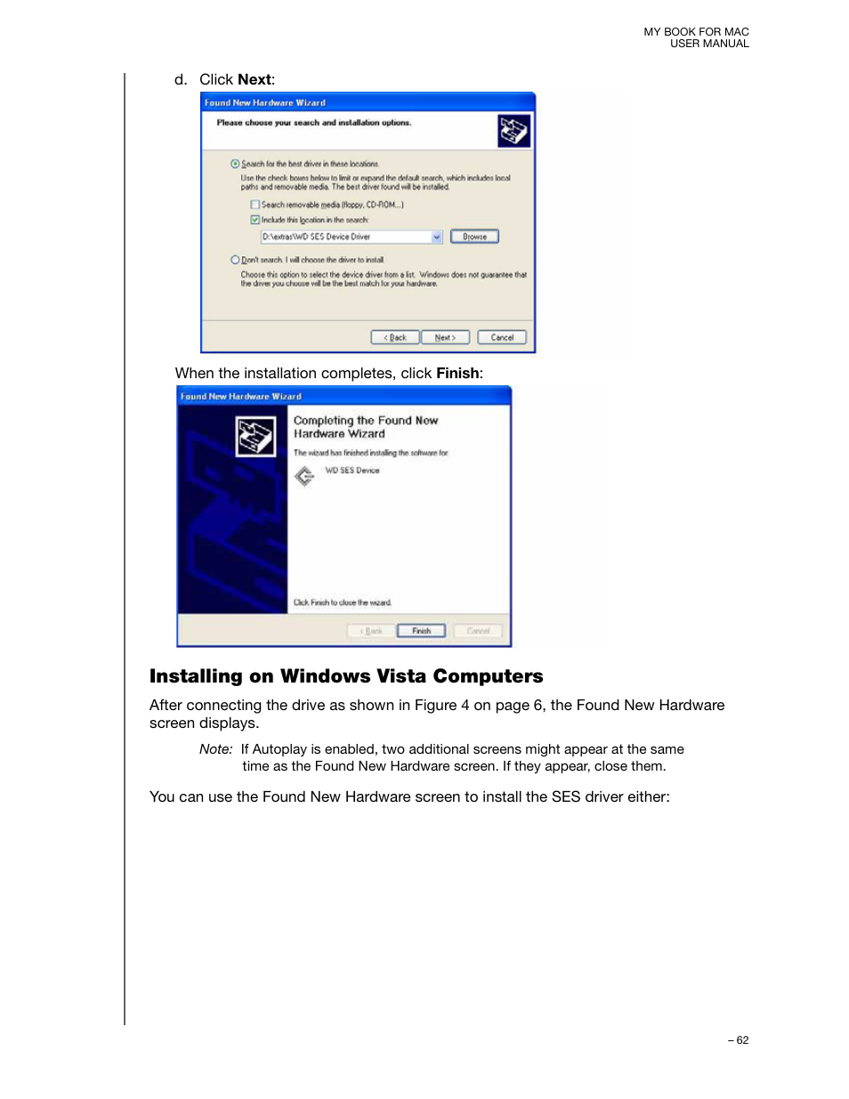 Installing on windows vista computers | Western Digital My Book for Mac User Manual User Manual | Page 67 / 78