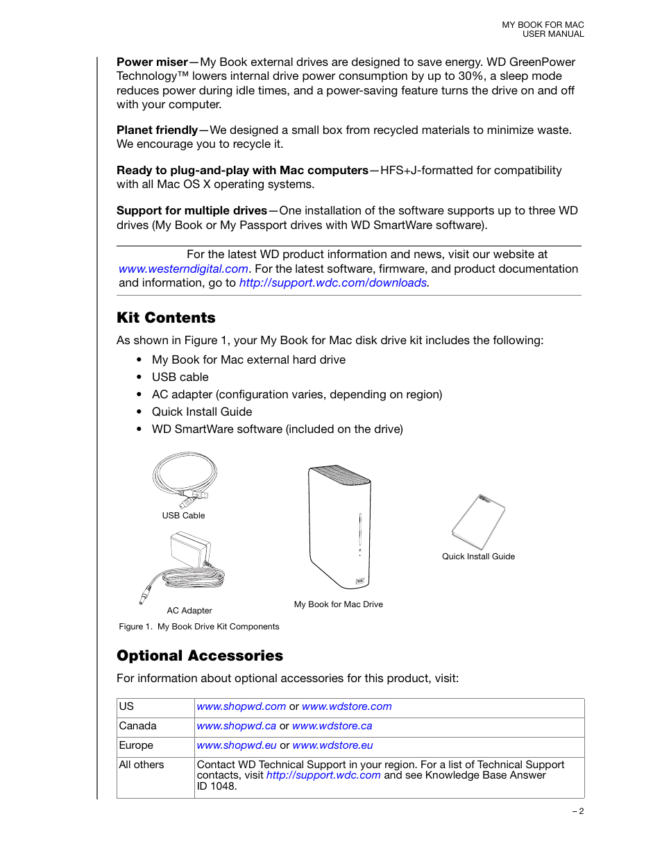 Kit contents, Optional accessories, Kit contents optional accessories | Western Digital My Book for Mac User Manual User Manual | Page 7 / 78