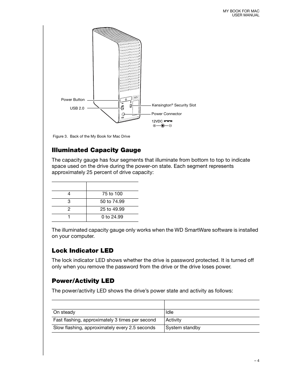Illuminated capacity gauge, Lock indicator led, Power/activity led | Western Digital My Book for Mac User Manual User Manual | Page 9 / 78