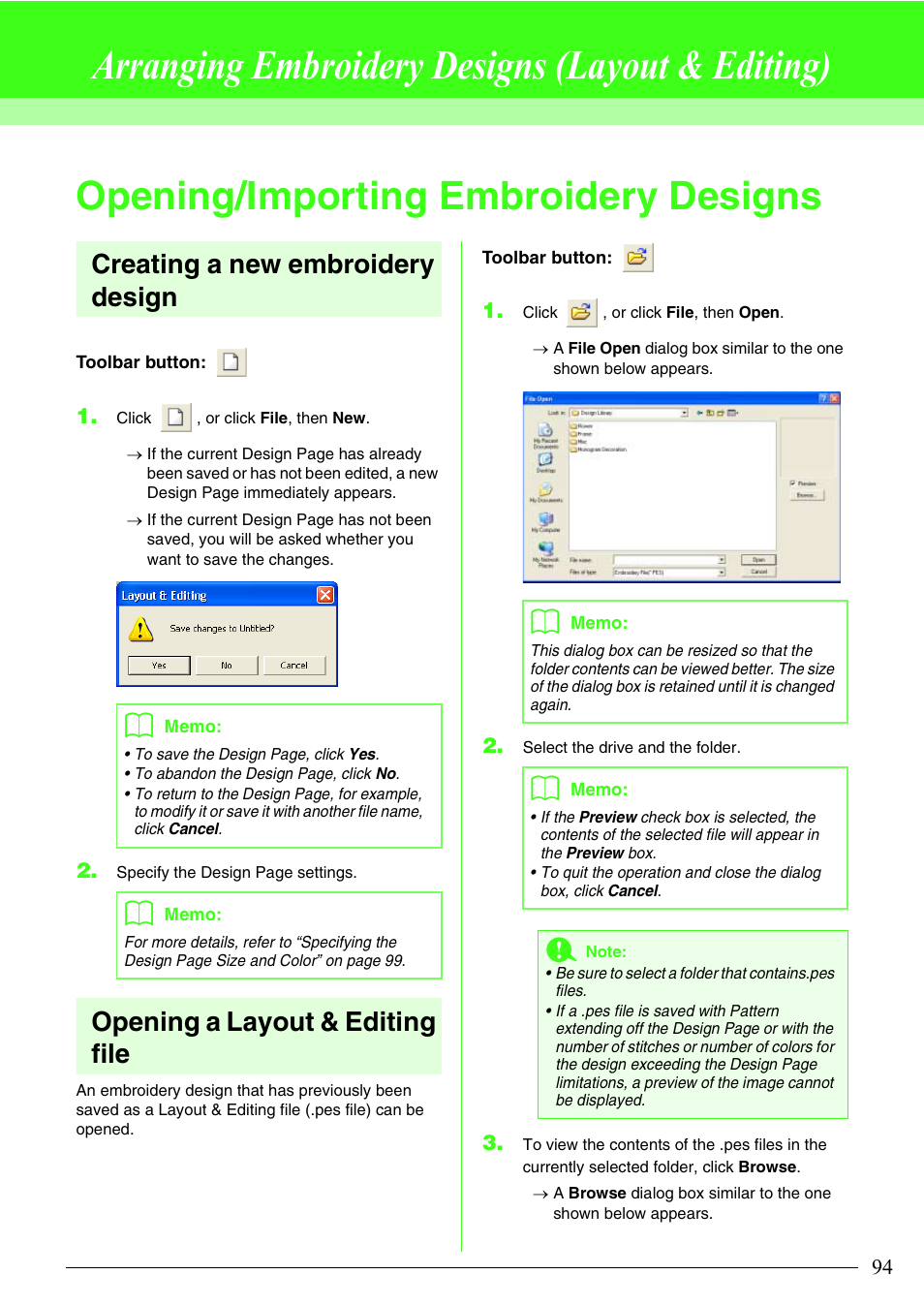 Arranging embroidery designs (layout & editing), Opening/importing embroidery designs, Creating a new embroidery design | Opening a layout & editing file | Brother PE-DESIGN V7 User Manual | Page 100 / 361