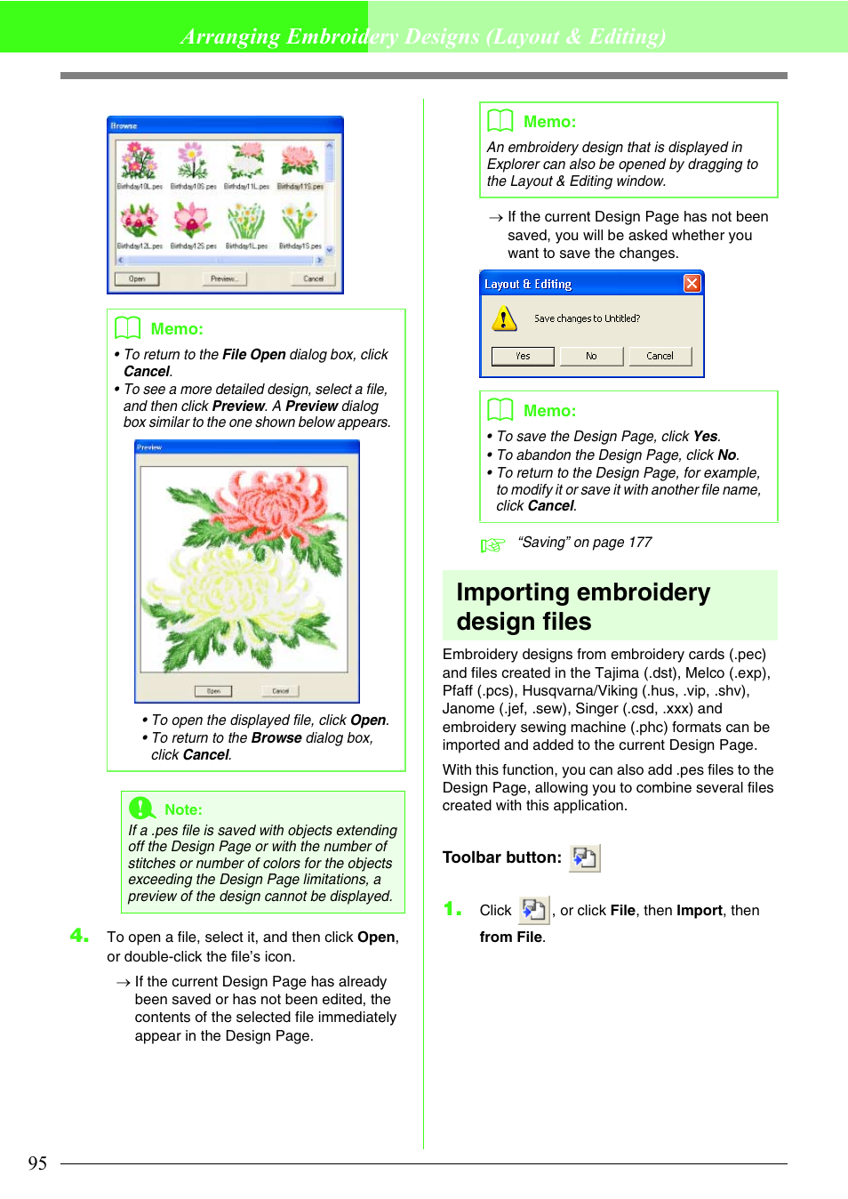 Importing embroidery design files, Arranging embroidery designs (layout & editing) | Brother PE-DESIGN V7 User Manual | Page 101 / 361