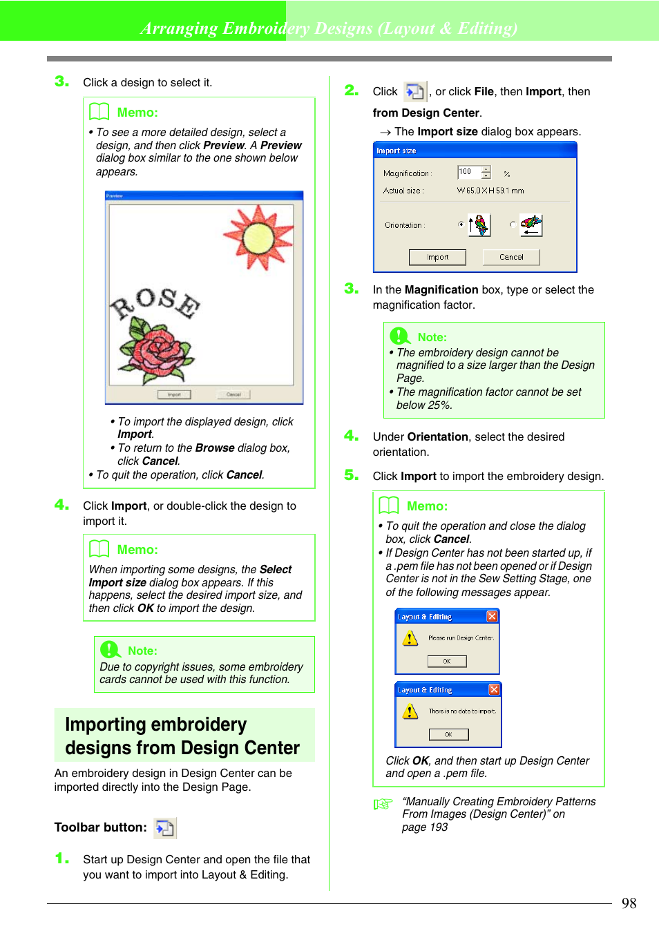 Importing embroidery designs from design center, Arranging embroidery designs (layout & editing) | Brother PE-DESIGN V7 User Manual | Page 104 / 361