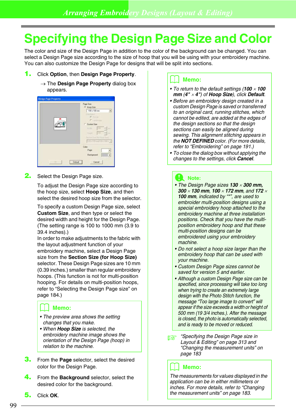 Specifying the design page size and color, Arranging embroidery designs (layout & editing) | Brother PE-DESIGN V7 User Manual | Page 105 / 361