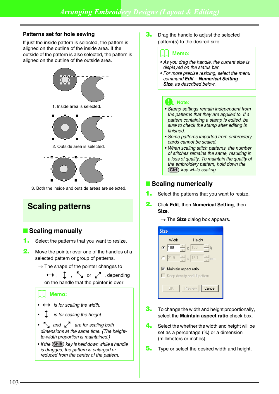 Scaling patterns, Arranging embroidery designs (layout & editing), Scaling manually 1 | Scaling numerically 1 | Brother PE-DESIGN V7 User Manual | Page 109 / 361