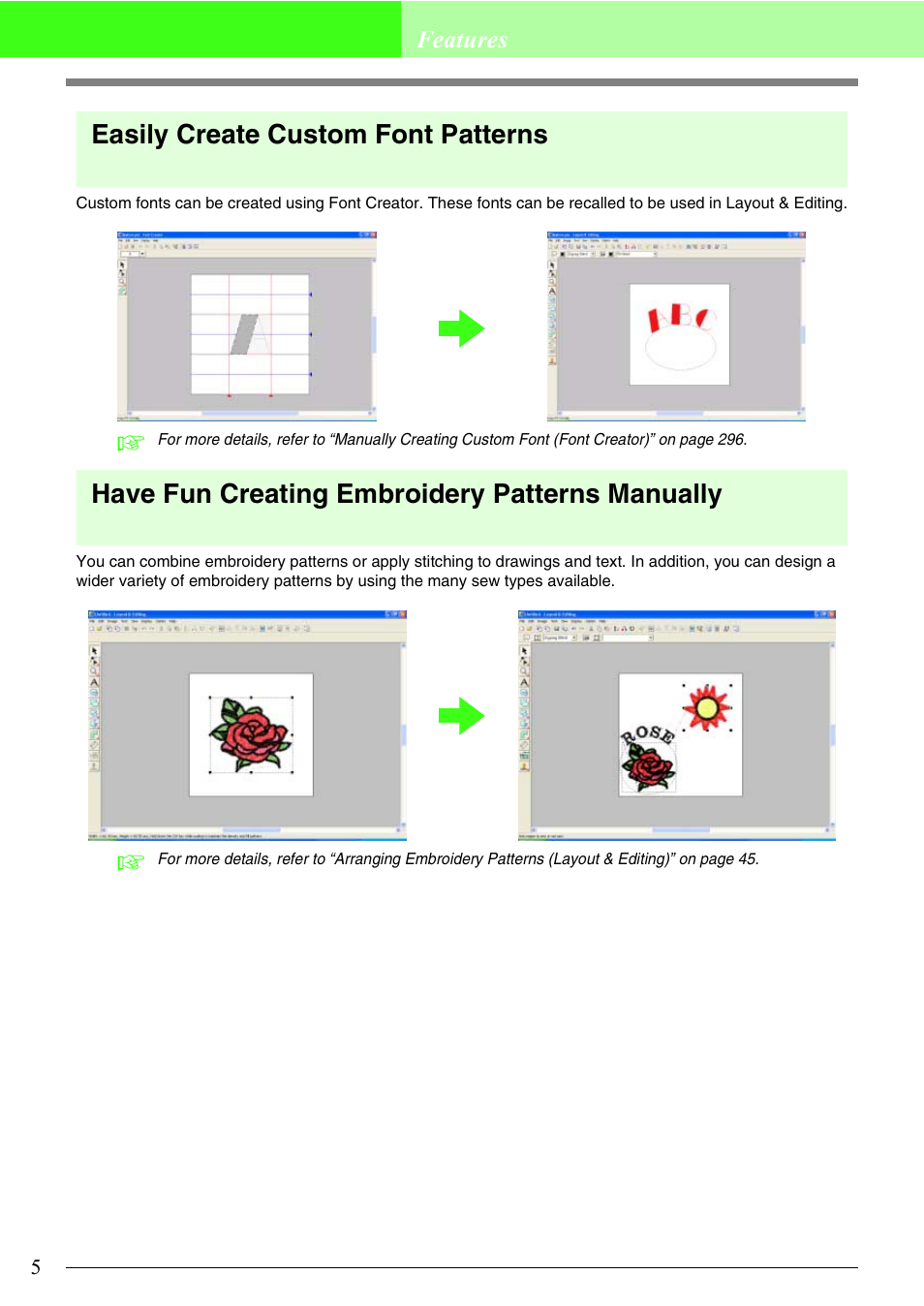 Easily create custom font patterns, Have fun creating embroidery patterns manually | Brother PE-DESIGN V7 User Manual | Page 11 / 361