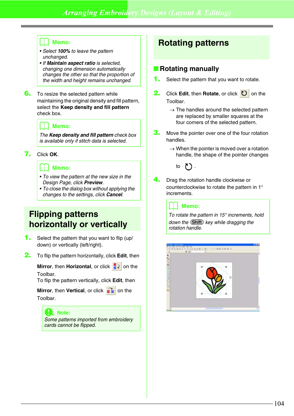 Flipping patterns horizontally or vertically, Rotating patterns, Arranging embroidery designs (layout & editing) | Rotating manually 1 | Brother PE-DESIGN V7 User Manual | Page 110 / 361