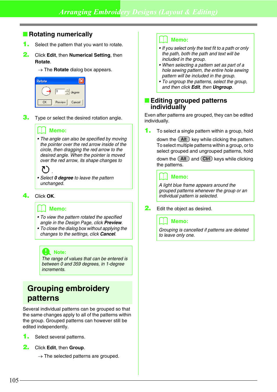 Grouping embroidery patterns, Arranging embroidery designs (layout & editing), Rotating numerically 1 | Editing grouped patterns individually | Brother PE-DESIGN V7 User Manual | Page 111 / 361