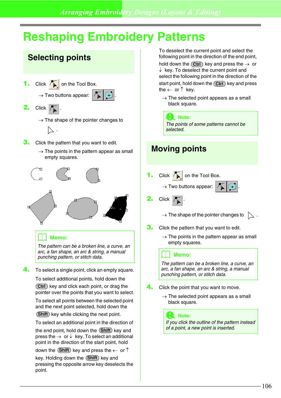 Reshaping embroidery patterns, Selecting points, Moving points | Arranging embroidery designs (layout & editing) | Brother PE-DESIGN V7 User Manual | Page 112 / 361