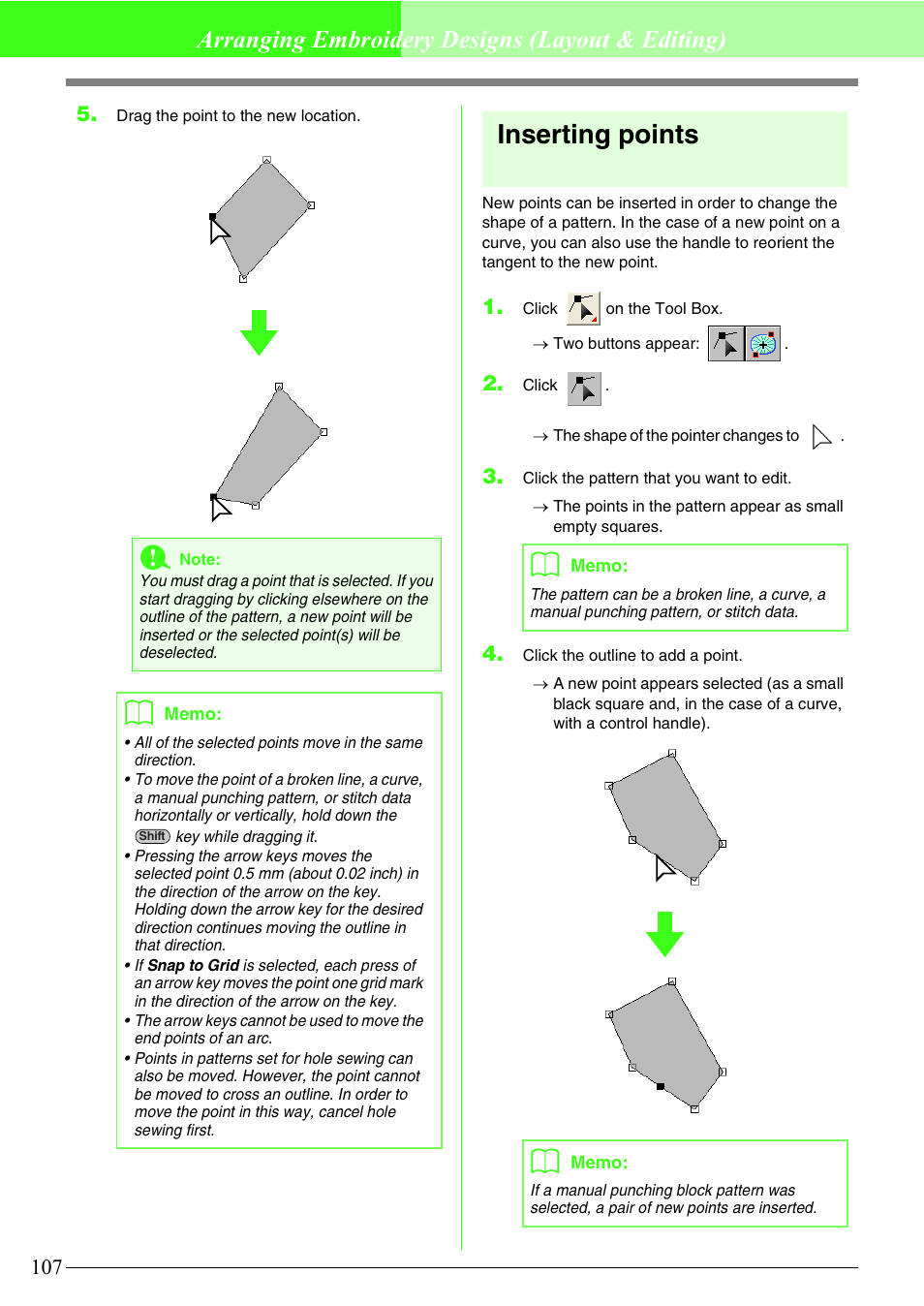 Inserting points, Arranging embroidery designs (layout & editing) | Brother PE-DESIGN V7 User Manual | Page 113 / 361