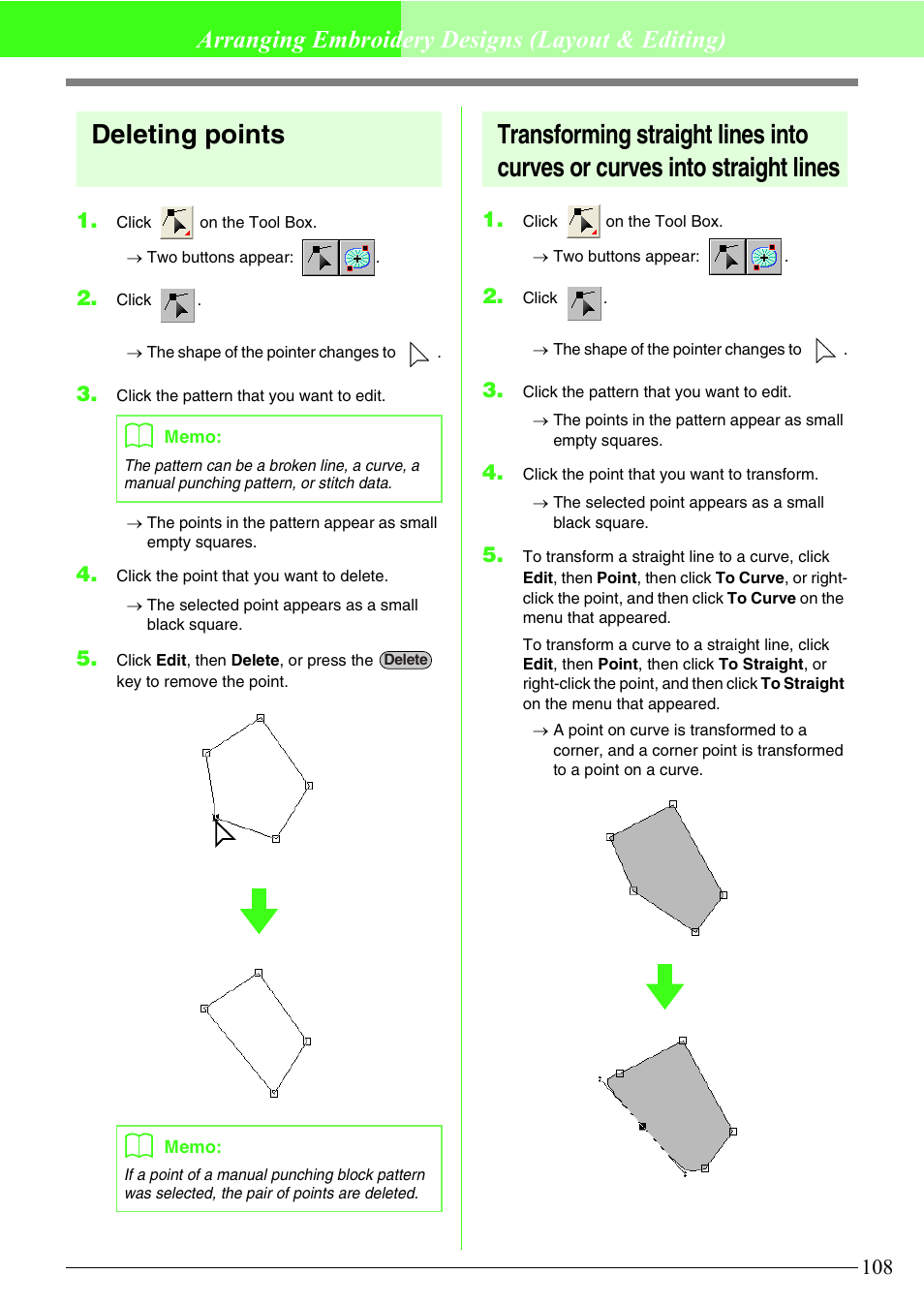 Deleting points, Arranging embroidery designs (layout & editing) | Brother PE-DESIGN V7 User Manual | Page 114 / 361