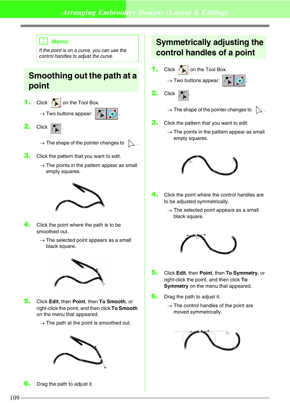 Smoothing out the path at a point, Arranging embroidery designs (layout & editing) | Brother PE-DESIGN V7 User Manual | Page 115 / 361