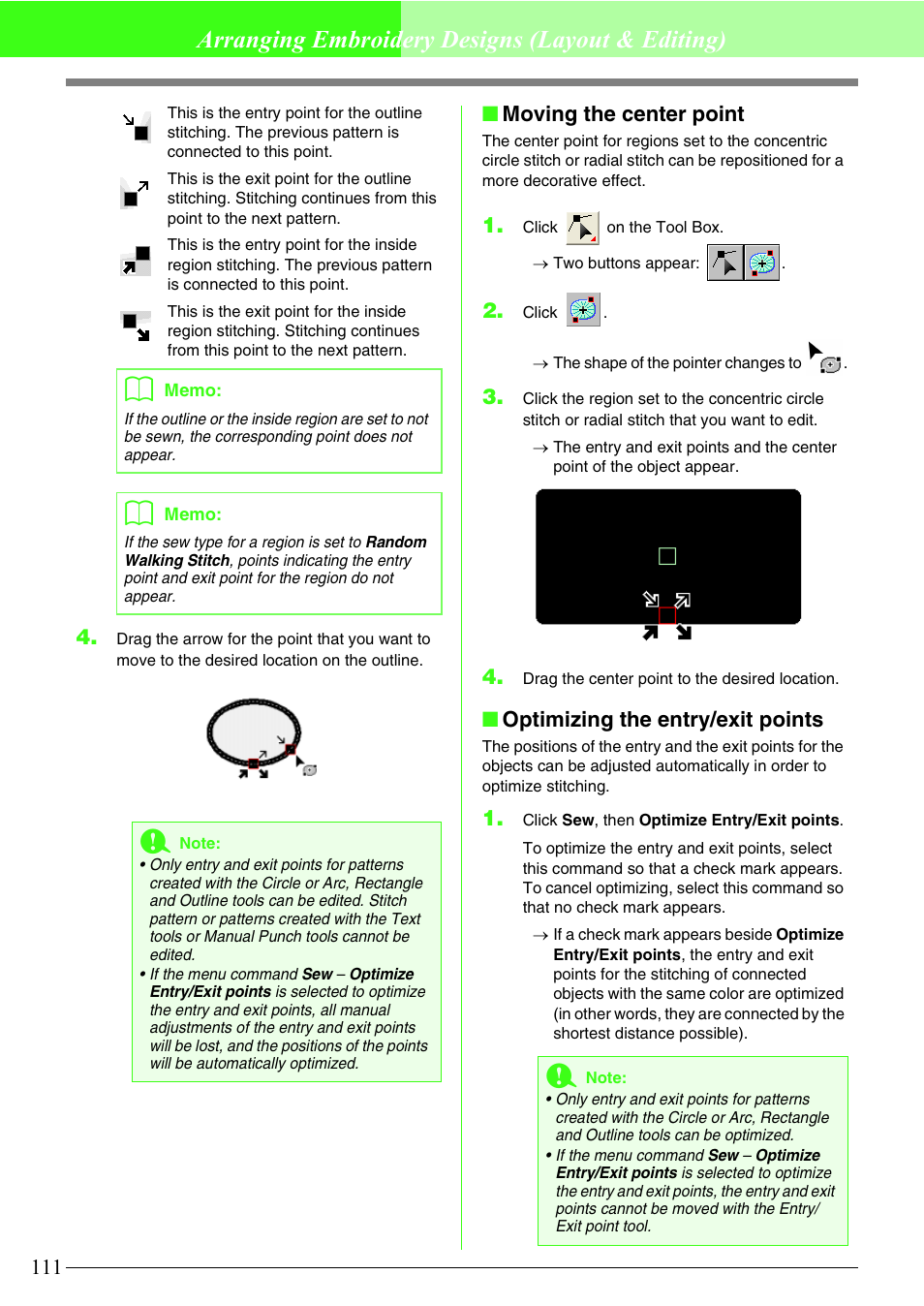 Arranging embroidery designs (layout & editing), Moving the center point, Optimizing the entry/exit points | Brother PE-DESIGN V7 User Manual | Page 117 / 361