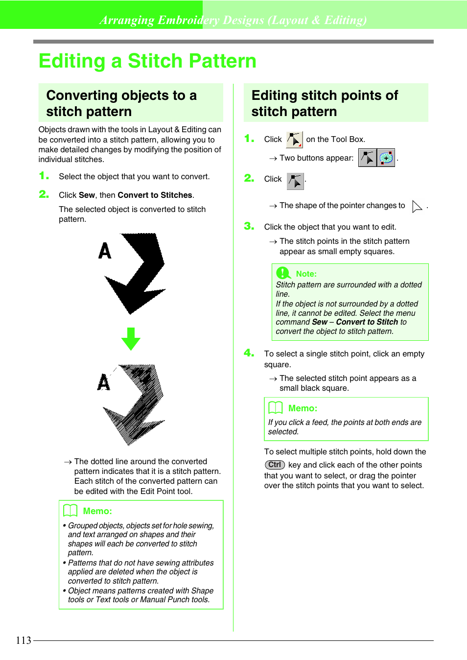 Editing a stitch pattern, Converting objects to a stitch pattern, Editing stitch points of stitch pattern | Arranging embroidery designs (layout & editing) | Brother PE-DESIGN V7 User Manual | Page 119 / 361