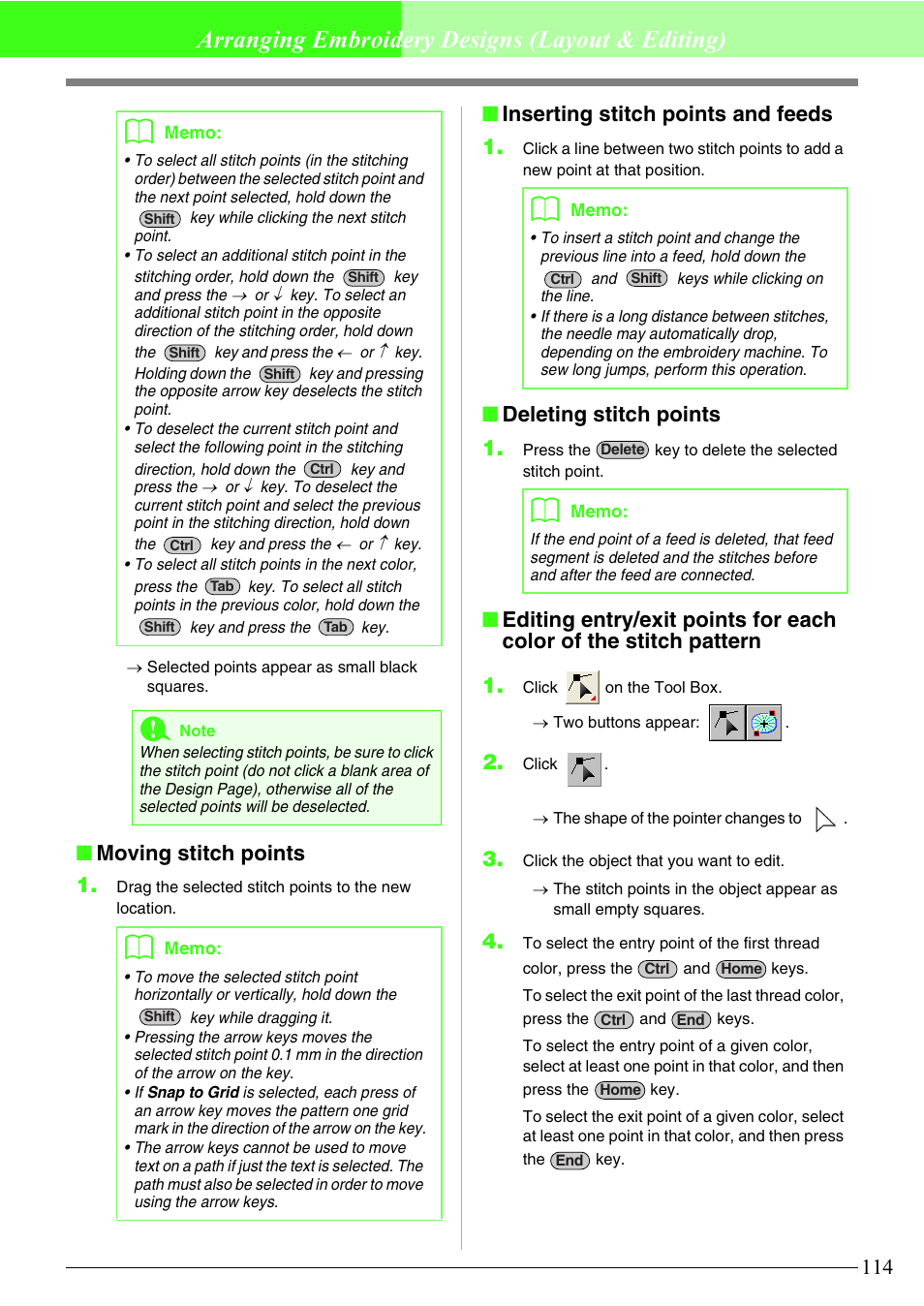 Arranging embroidery designs (layout & editing), Moving stitch points 1, Inserting stitch points and feeds 1 | Deleting stitch points 1 | Brother PE-DESIGN V7 User Manual | Page 120 / 361