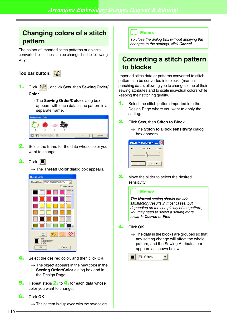 Changing colors of a stitch pattern, Converting a stitch pattern to blocks, Arranging embroidery designs (layout & editing) | Brother PE-DESIGN V7 User Manual | Page 121 / 361