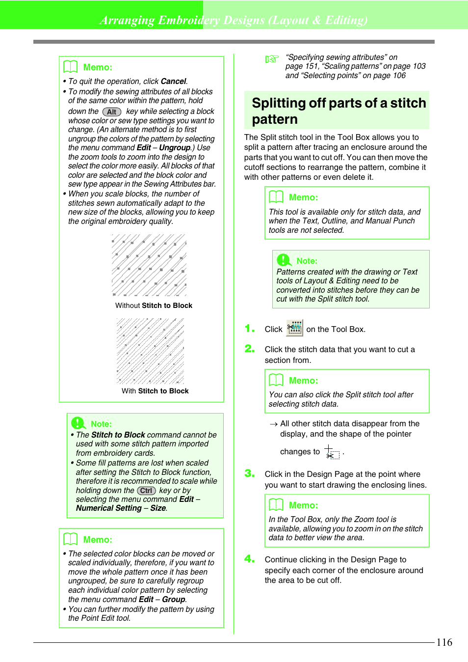 Splitting off parts of a stitch pattern, Arranging embroidery designs (layout & editing) | Brother PE-DESIGN V7 User Manual | Page 122 / 361