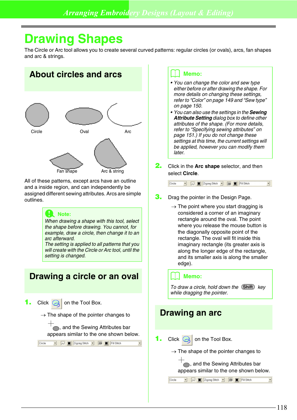 Drawing shapes, About circles and arcs, Drawing a circle or an oval | Drawing an arc, Arranging embroidery designs (layout & editing) | Brother PE-DESIGN V7 User Manual | Page 124 / 361