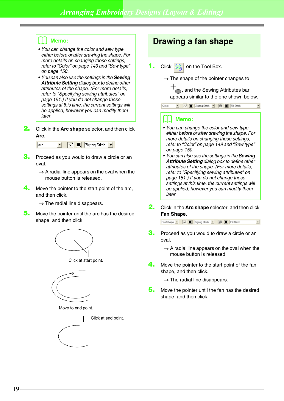 Drawing a fan shape, Arranging embroidery designs (layout & editing) | Brother PE-DESIGN V7 User Manual | Page 125 / 361