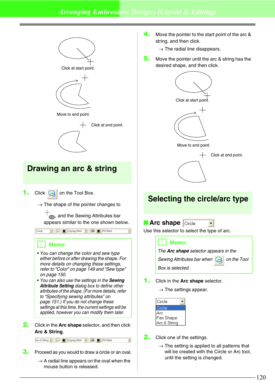 Drawing an arc & string, Selecting the circle/arc type, Arranging embroidery designs (layout & editing) | Arc shape | Brother PE-DESIGN V7 User Manual | Page 126 / 361