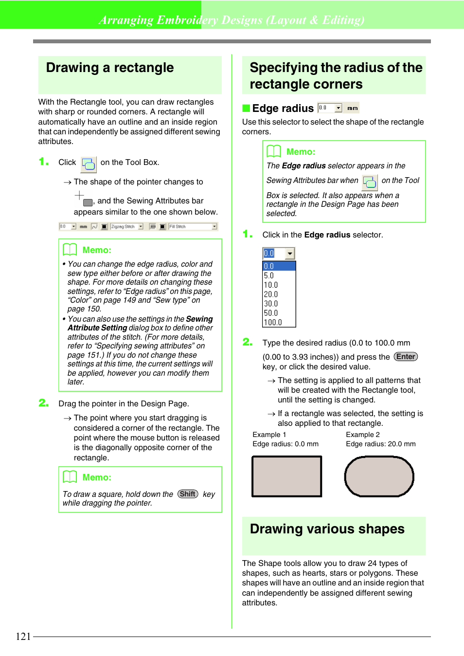 Drawing a rectangle, Specifying the radius of the rectangle corners, Drawing various shapes | Arranging embroidery designs (layout & editing), Edge radius | Brother PE-DESIGN V7 User Manual | Page 127 / 361