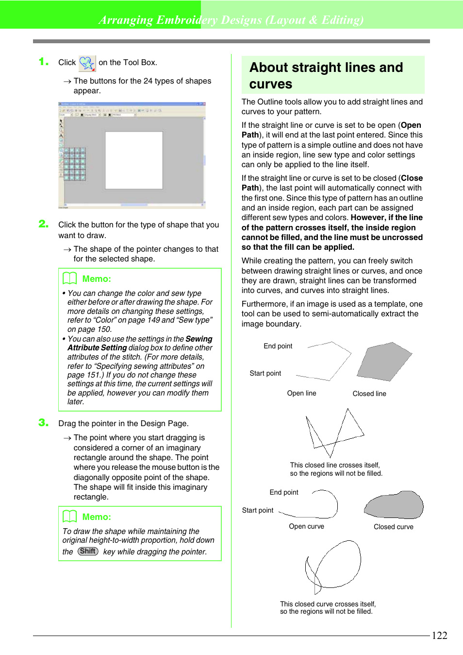 About straight lines and curves, Arranging embroidery designs (layout & editing) | Brother PE-DESIGN V7 User Manual | Page 128 / 361