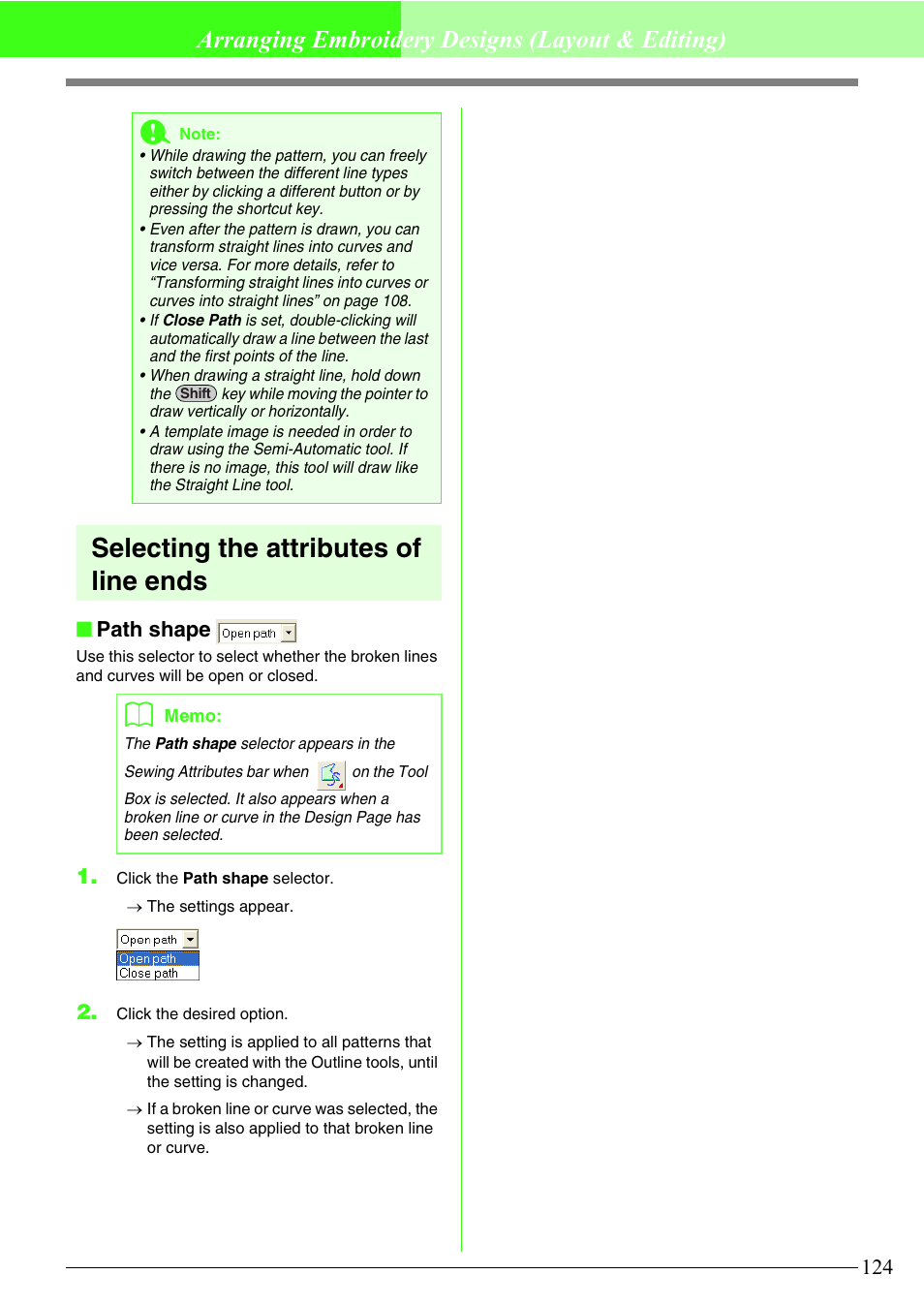 Selecting the attributes of line ends, Arranging embroidery designs (layout & editing), Path shape | Brother PE-DESIGN V7 User Manual | Page 130 / 361
