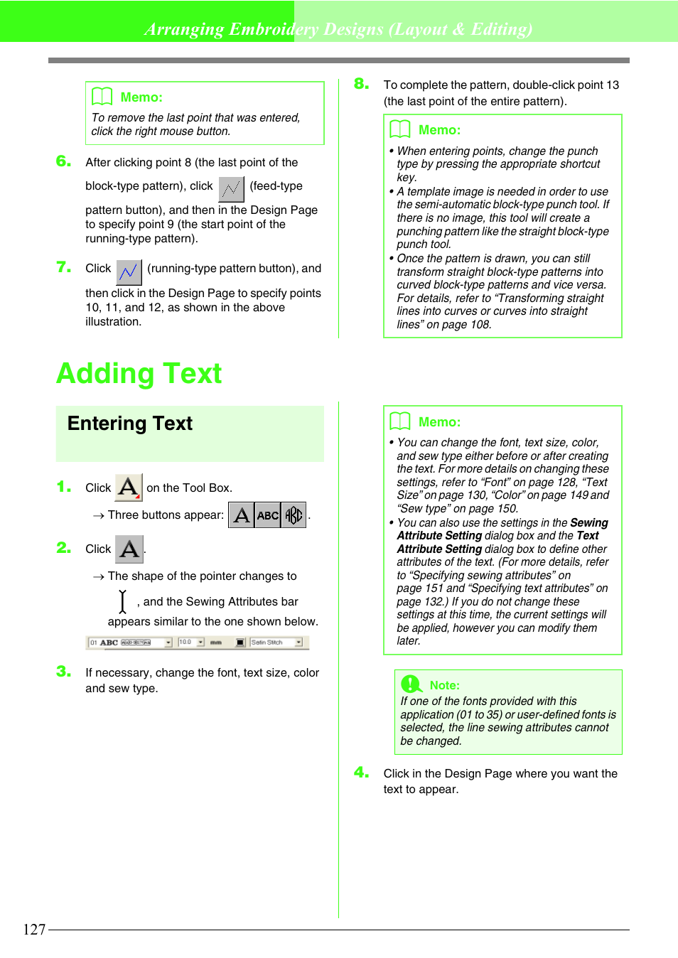 Adding text, Entering text, Arranging embroidery designs (layout & editing) | Brother PE-DESIGN V7 User Manual | Page 133 / 361