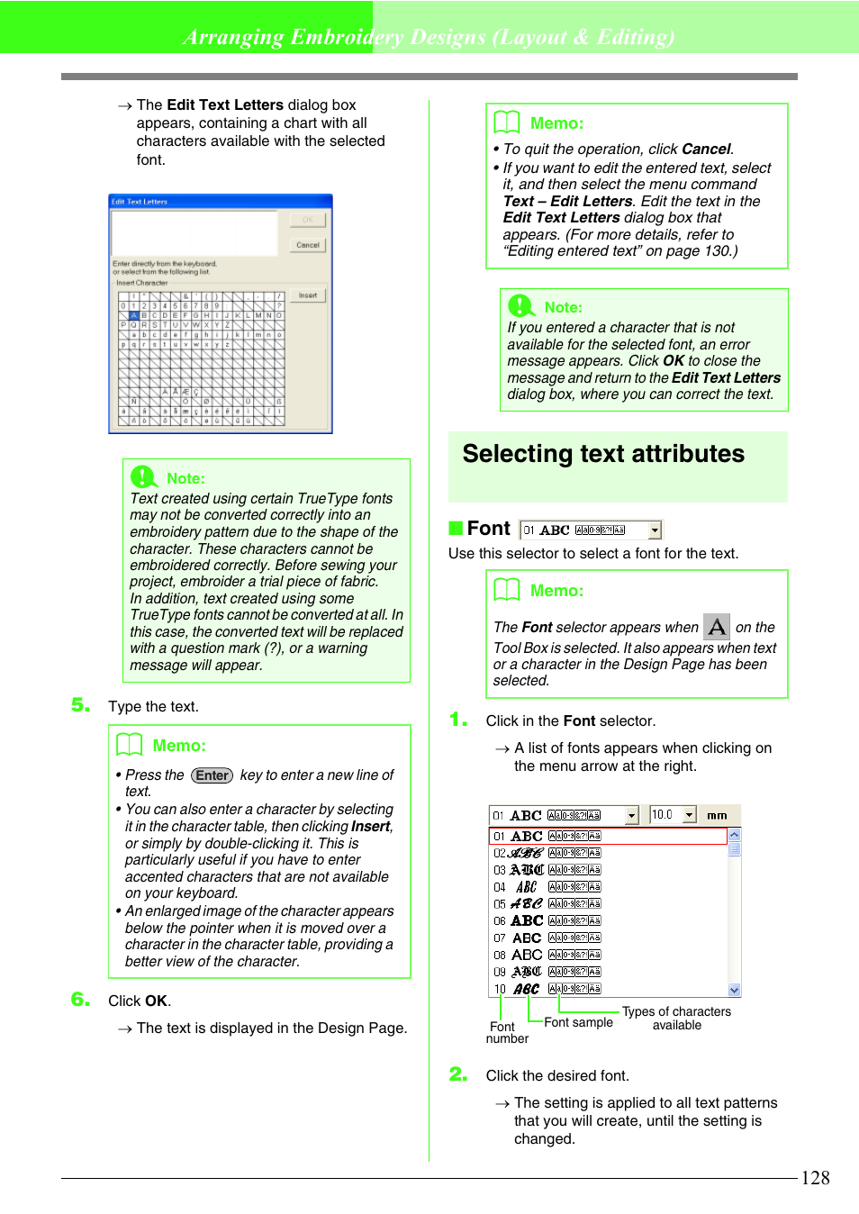 Selecting text attributes, Arranging embroidery designs (layout & editing), Font | Brother PE-DESIGN V7 User Manual | Page 134 / 361