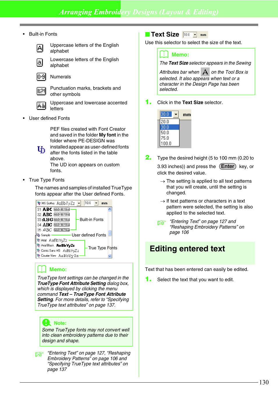 Editing entered text, Arranging embroidery designs (layout & editing), Text size | Brother PE-DESIGN V7 User Manual | Page 136 / 361