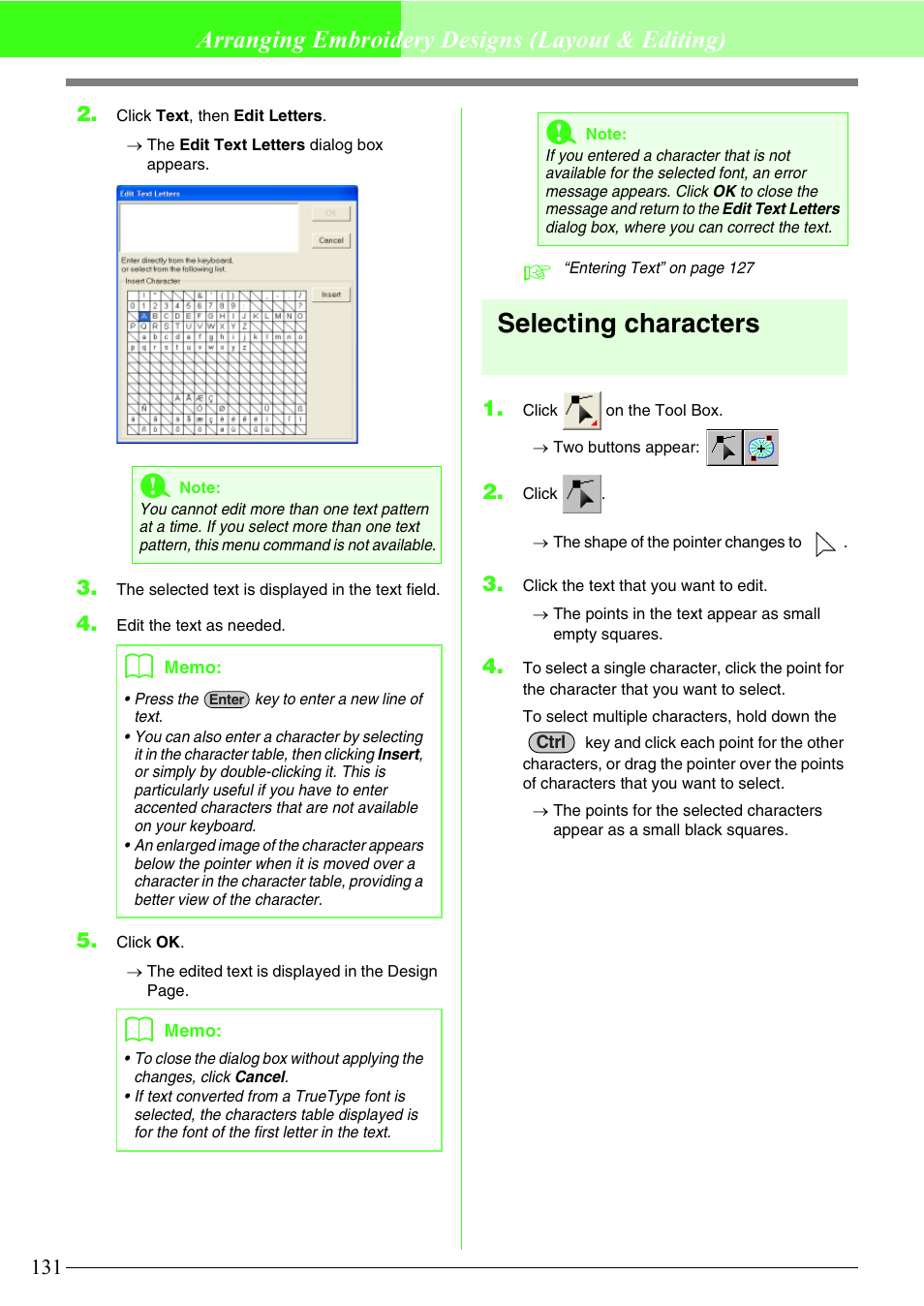 Selecting characters, Arranging embroidery designs (layout & editing) | Brother PE-DESIGN V7 User Manual | Page 137 / 361