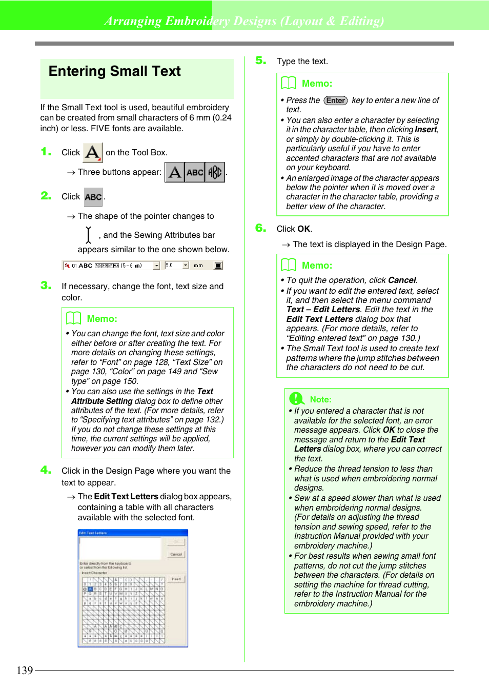 Entering small text, Arranging embroidery designs (layout & editing) | Brother PE-DESIGN V7 User Manual | Page 145 / 361