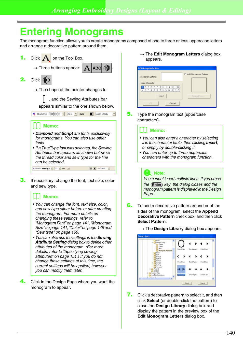 Entering monograms, Arranging embroidery designs (layout & editing) | Brother PE-DESIGN V7 User Manual | Page 146 / 361