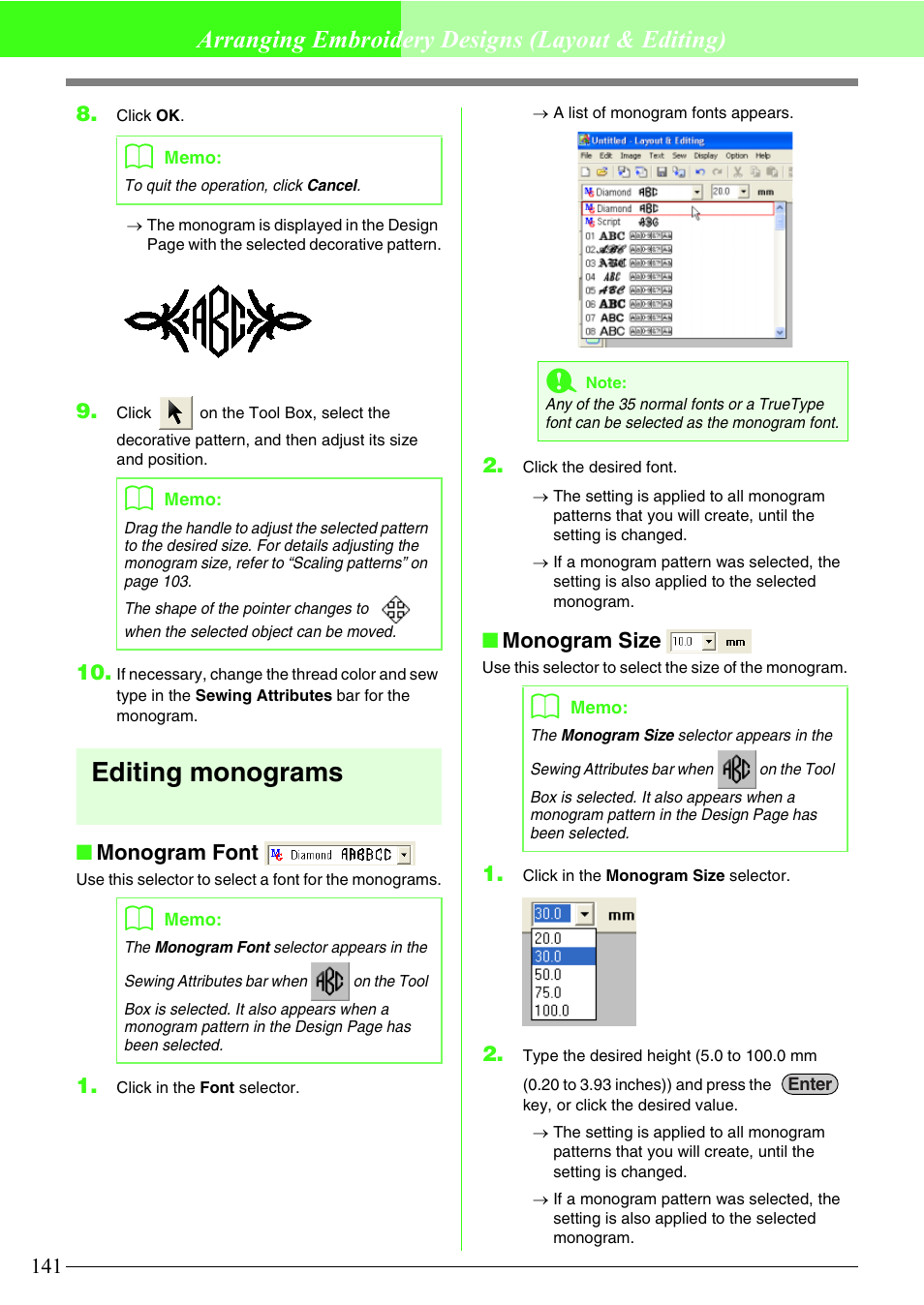 Editing monograms, Arranging embroidery designs (layout & editing), Monogram font | Monogram size | Brother PE-DESIGN V7 User Manual | Page 147 / 361