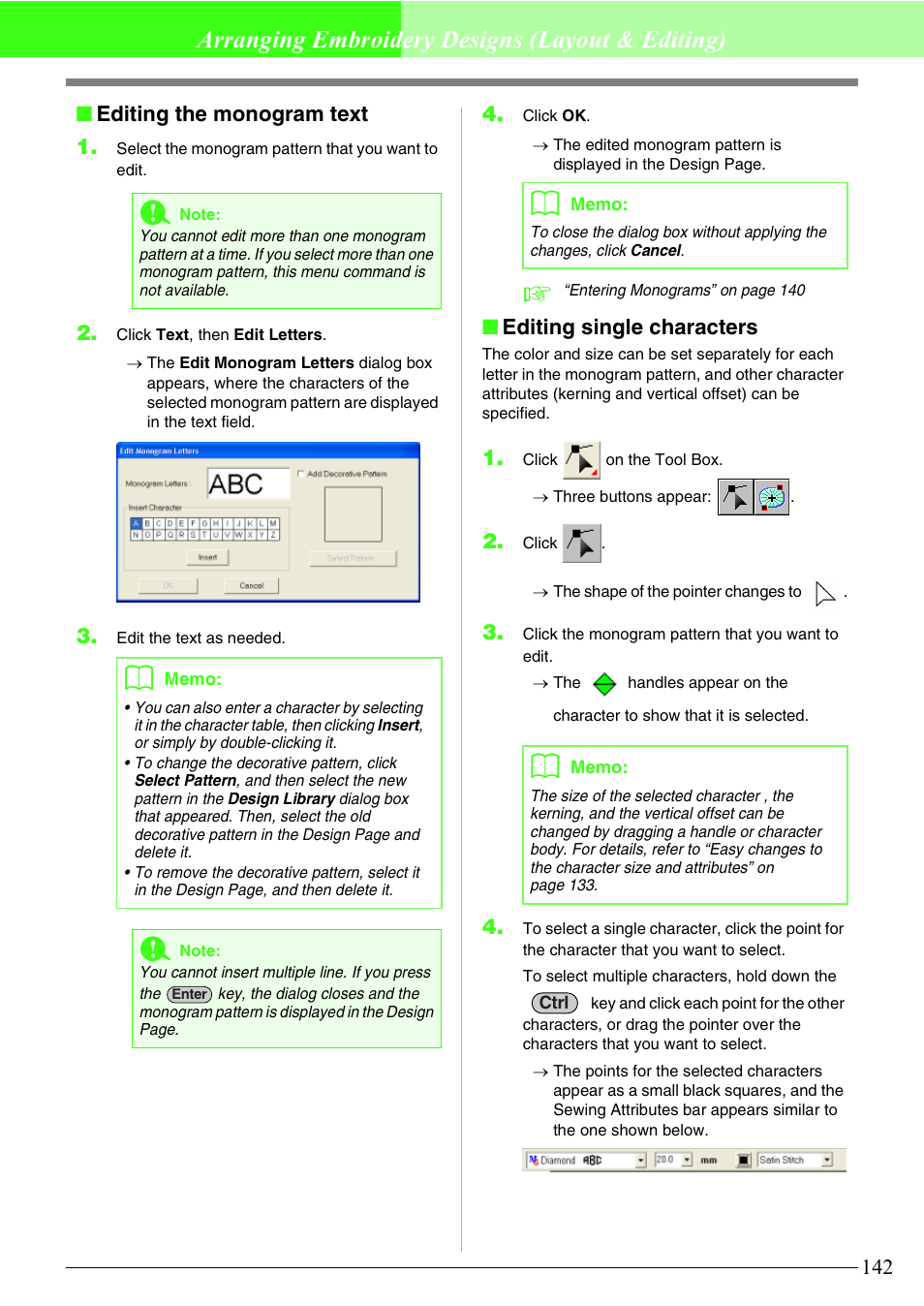 Arranging embroidery designs (layout & editing), Editing the monogram text 1, Editing single characters | Brother PE-DESIGN V7 User Manual | Page 148 / 361