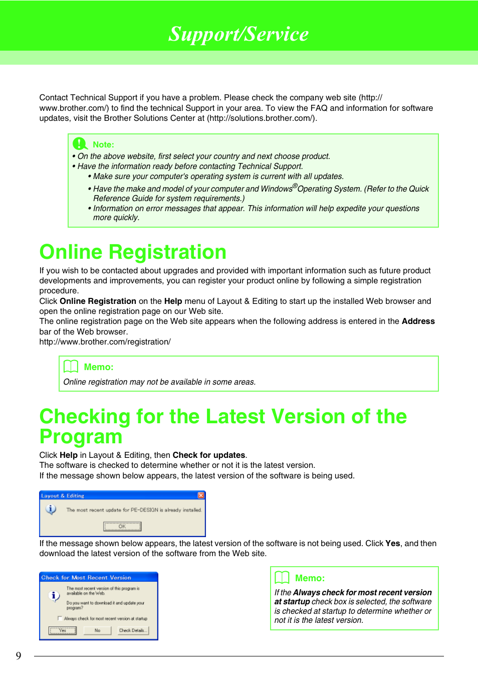 Support/service, Online registration, Checking for the latest version of the program | Brother PE-DESIGN V7 User Manual | Page 15 / 361