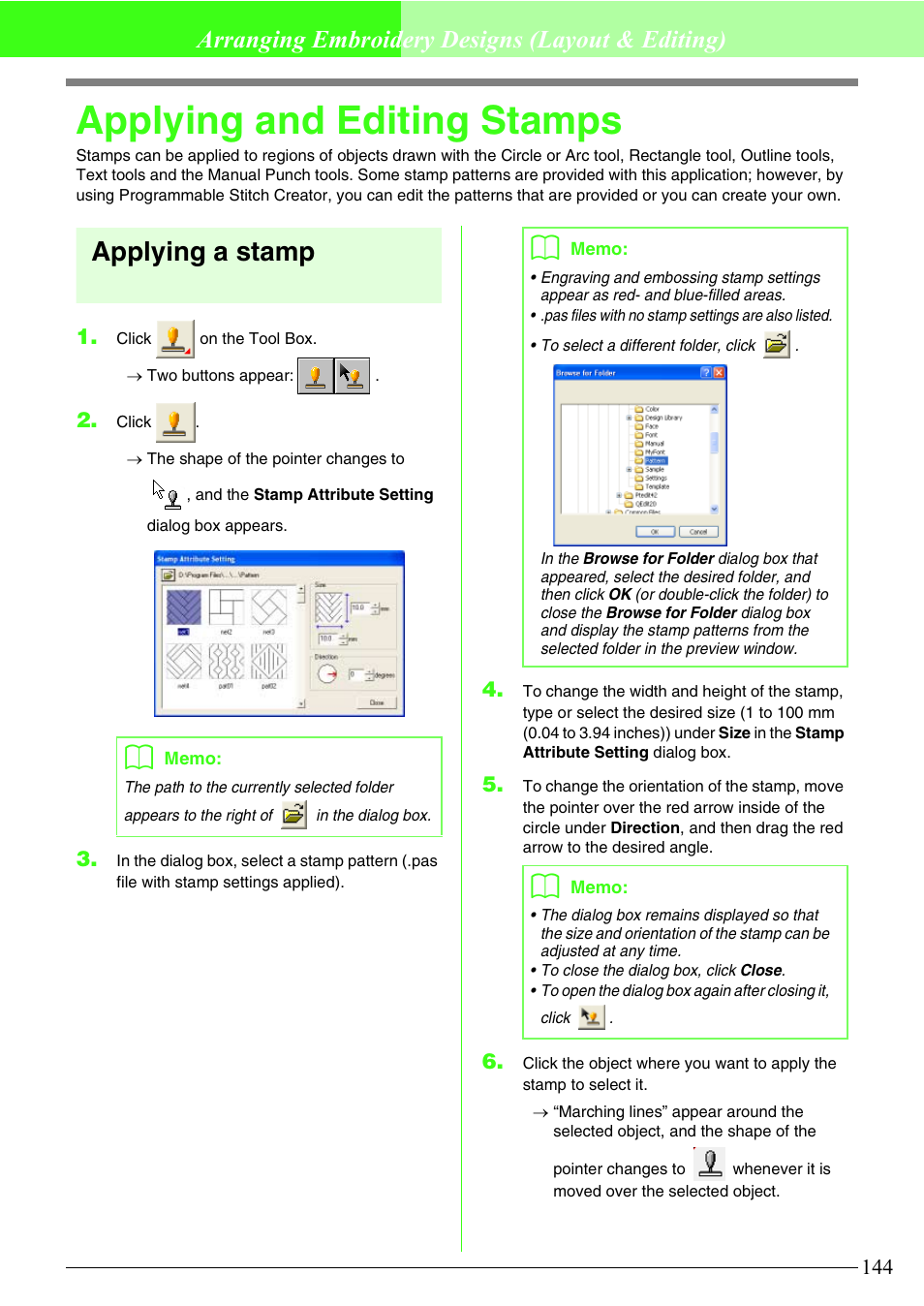 Applying and editing stamps, Applying a stamp, Arranging embroidery designs (layout & editing) | Brother PE-DESIGN V7 User Manual | Page 150 / 361