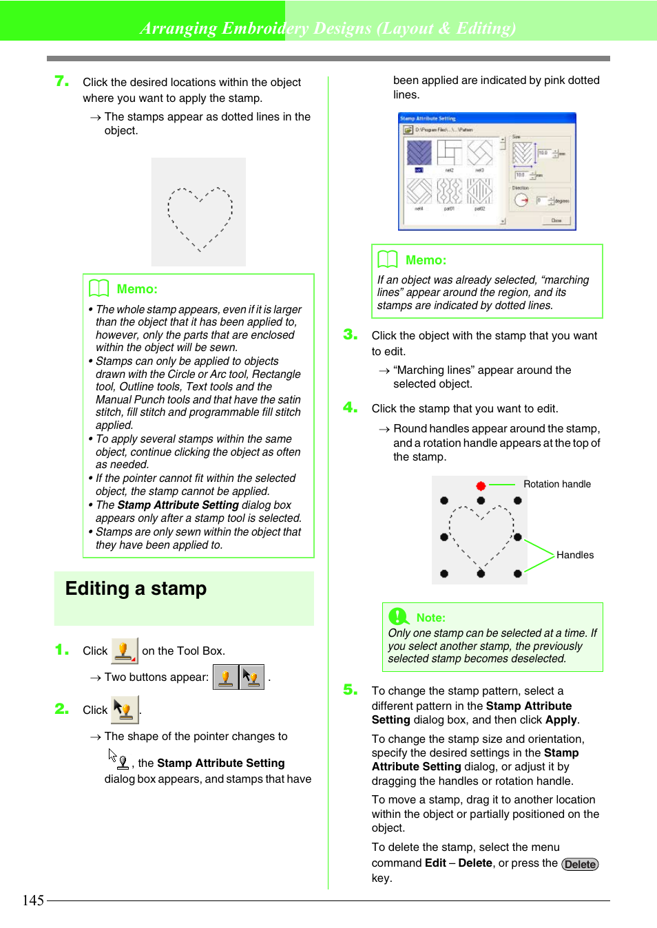 Editing a stamp, Arranging embroidery designs (layout & editing) | Brother PE-DESIGN V7 User Manual | Page 151 / 361