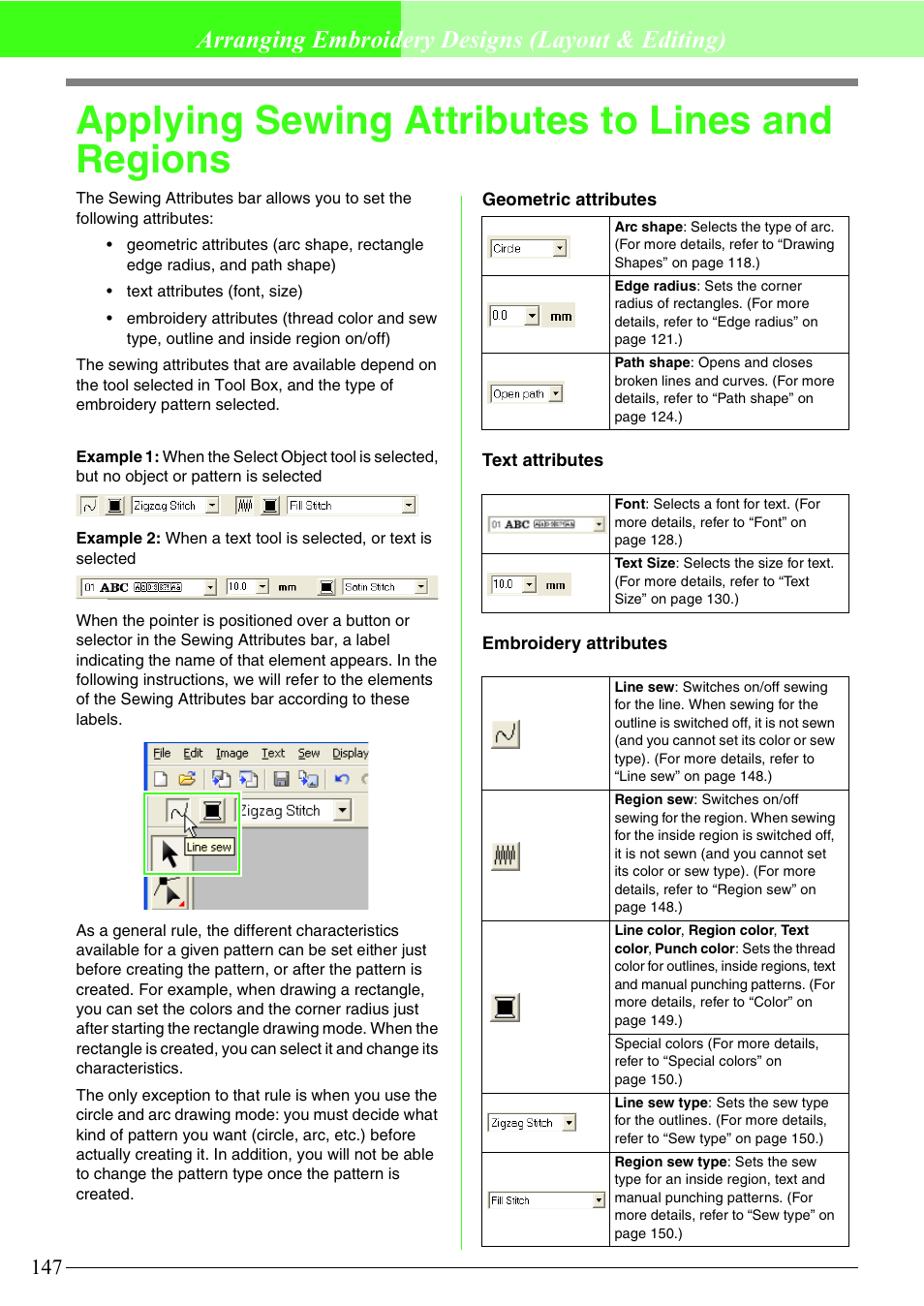 Applying sewing attributes to lines and regions, Arranging embroidery designs (layout & editing) | Brother PE-DESIGN V7 User Manual | Page 153 / 361