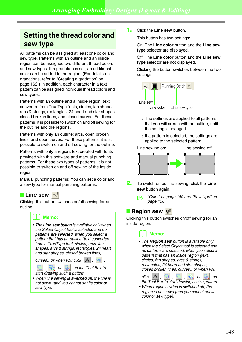 Setting the thread color and sew type, Arranging embroidery designs (layout & editing), Line sew | Region sew | Brother PE-DESIGN V7 User Manual | Page 154 / 361