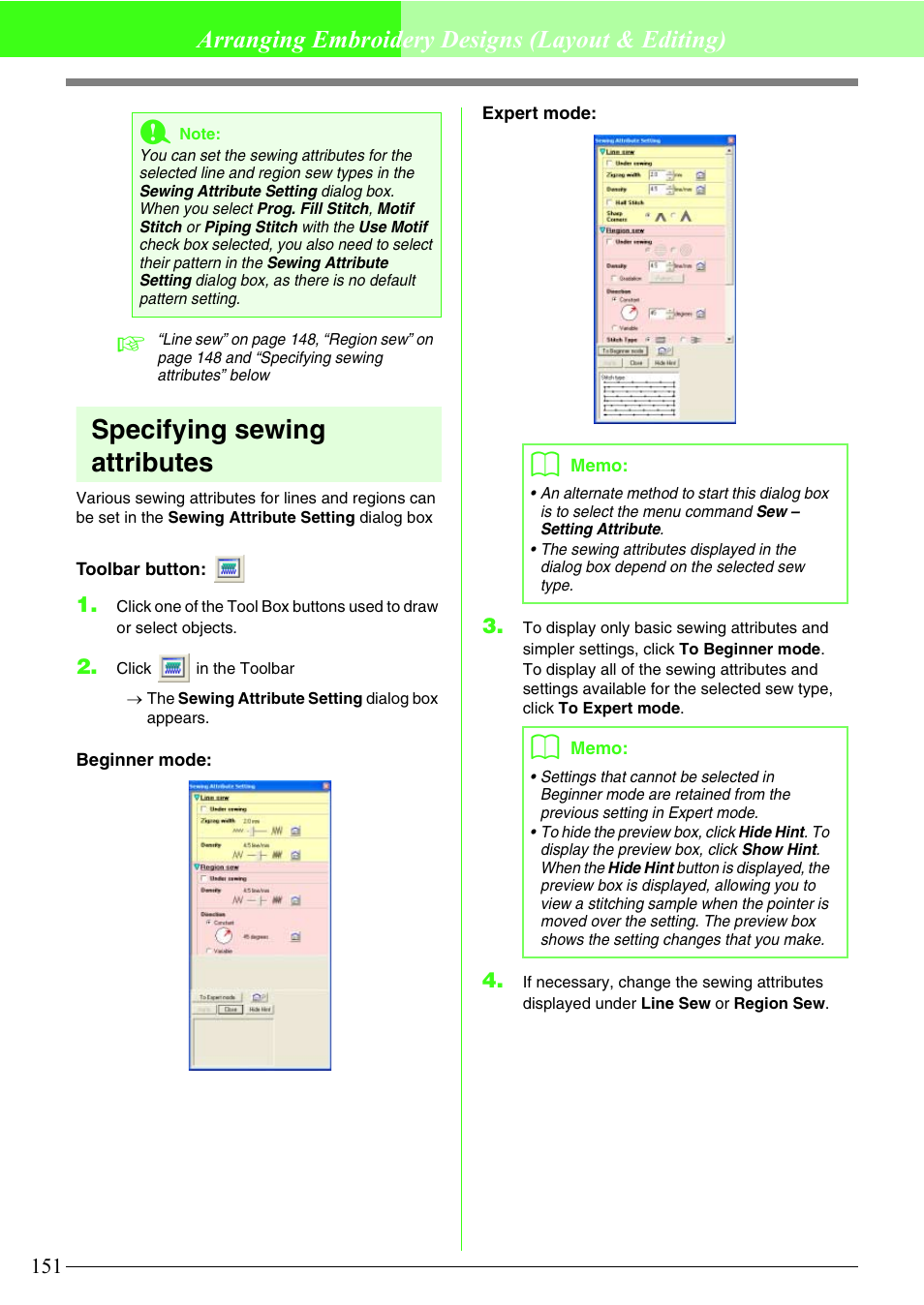 Specifying sewing attributes, Arranging embroidery designs (layout & editing) | Brother PE-DESIGN V7 User Manual | Page 157 / 361