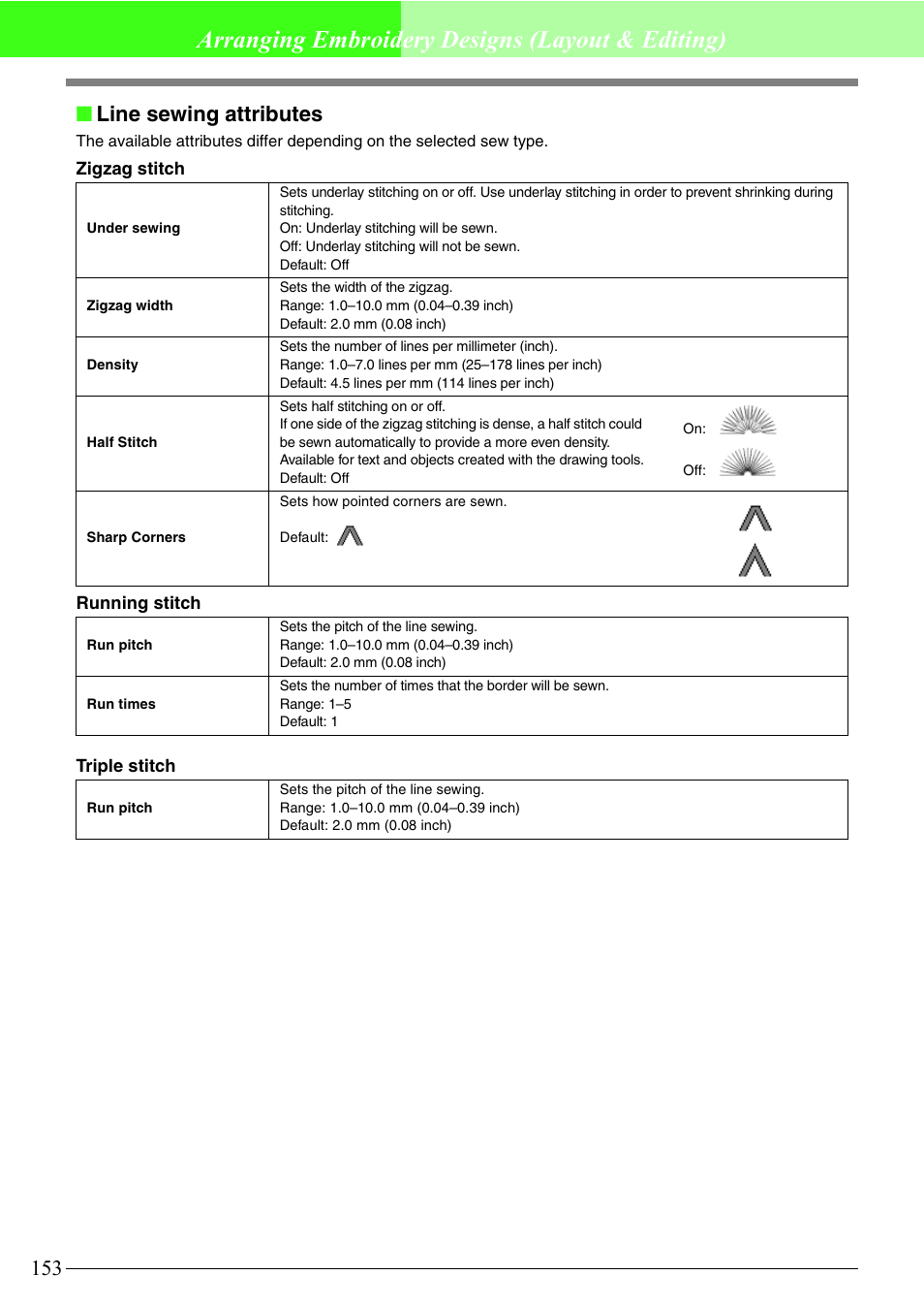 Arranging embroidery designs (layout & editing), Line sewing attributes | Brother PE-DESIGN V7 User Manual | Page 159 / 361