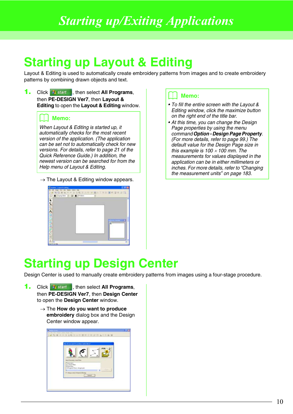 Starting up/exiting applications, Starting up layout & editing, Starting up design center | Brother PE-DESIGN V7 User Manual | Page 16 / 361